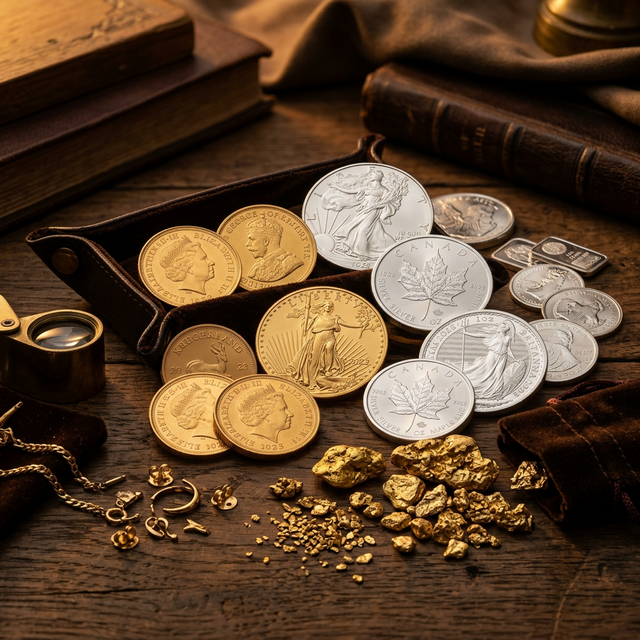Goldmünzen und Silbermünzen, darunter Maple Leaf und Britannia, mit kleinen Silberbarren, Goldnuggets und einer Lupe auf einem Holztisch