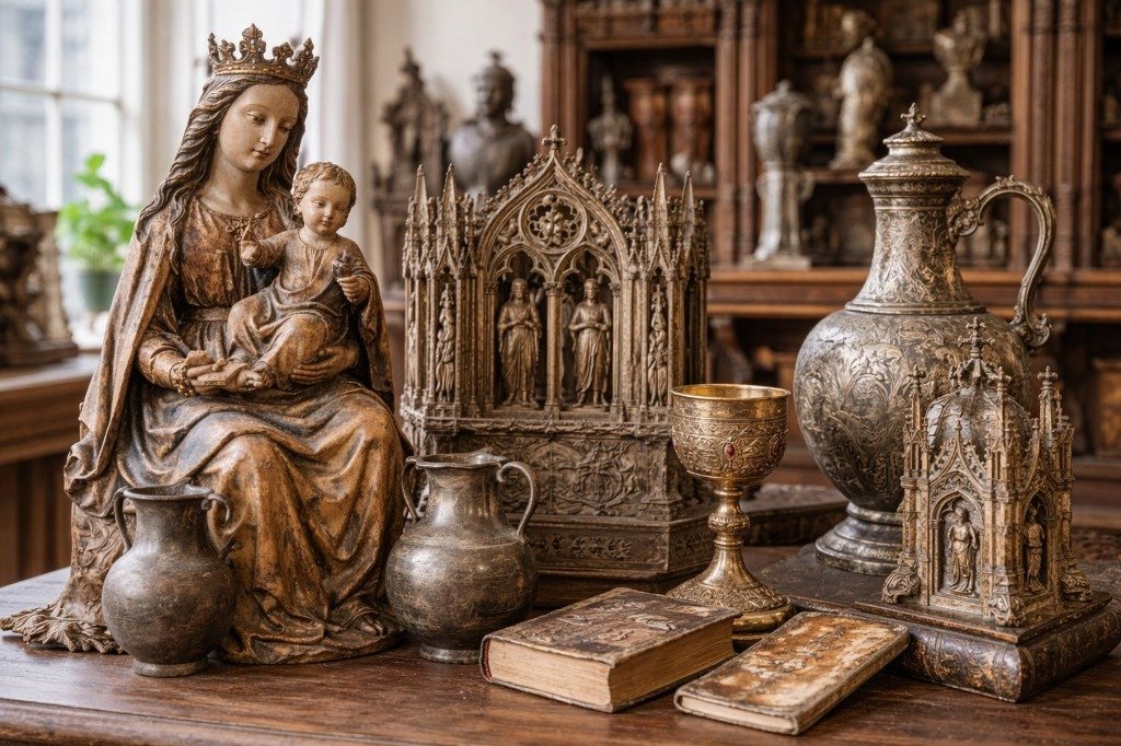 Antike Erbstücke auf einem Holztisch: eine geschnitzte Madonnenfigur, verzierte Metallkannen, ein vergoldeter Kelch, ein gotisches Schreinmodell und zwei alte Bücher